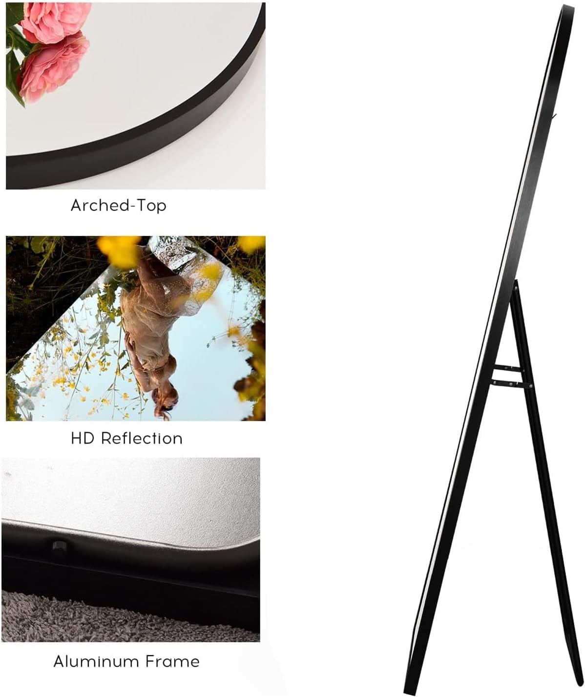 Floor Mirror, Oversized Full Length Mirror, Arched Mirror, Large Standing Mirror, Tall Mirror, Wall Mounted, Freestanding, Giant Mirror, 68"×26", Aluminum Frame - Black-3