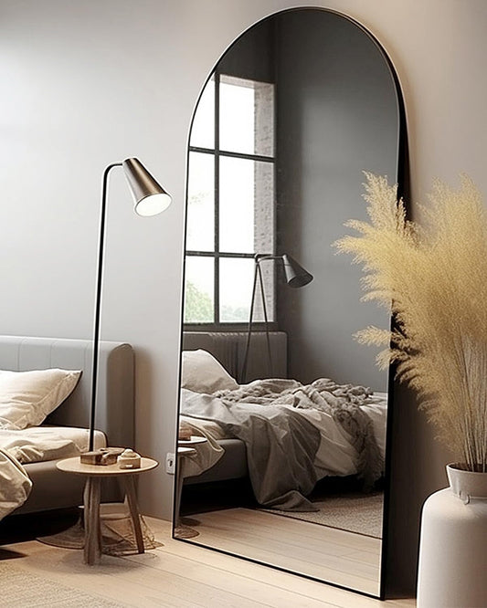 Floor Mirror, Oversized Full Length Mirror, Arched Mirror, Large Standing Mirror, Tall Mirror, Wall Mounted, Freestanding, Giant Mirror, 68"×26", Aluminum Frame - Black-0